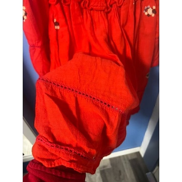 FREE PEOPLE Red Off-Shoulder Smocked Dress, Embroidered Floral, Flare Sleeve, XS - Picture 9 of 9